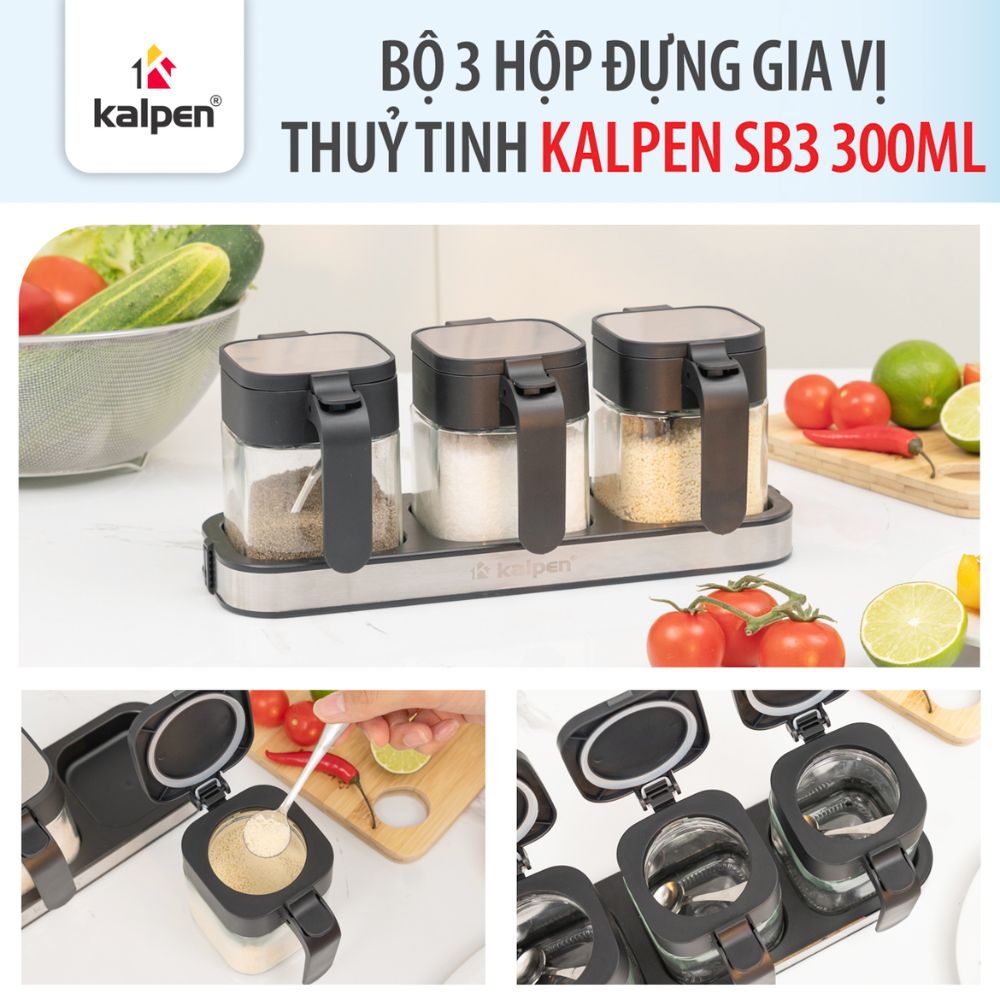 Bộ 3 hộp đựng gia vị thuỷ tinh Kalpen SB3 4 Bộ 3 hộp 300ml, sắp xếp gọn gàng tiết kiệm không gian.