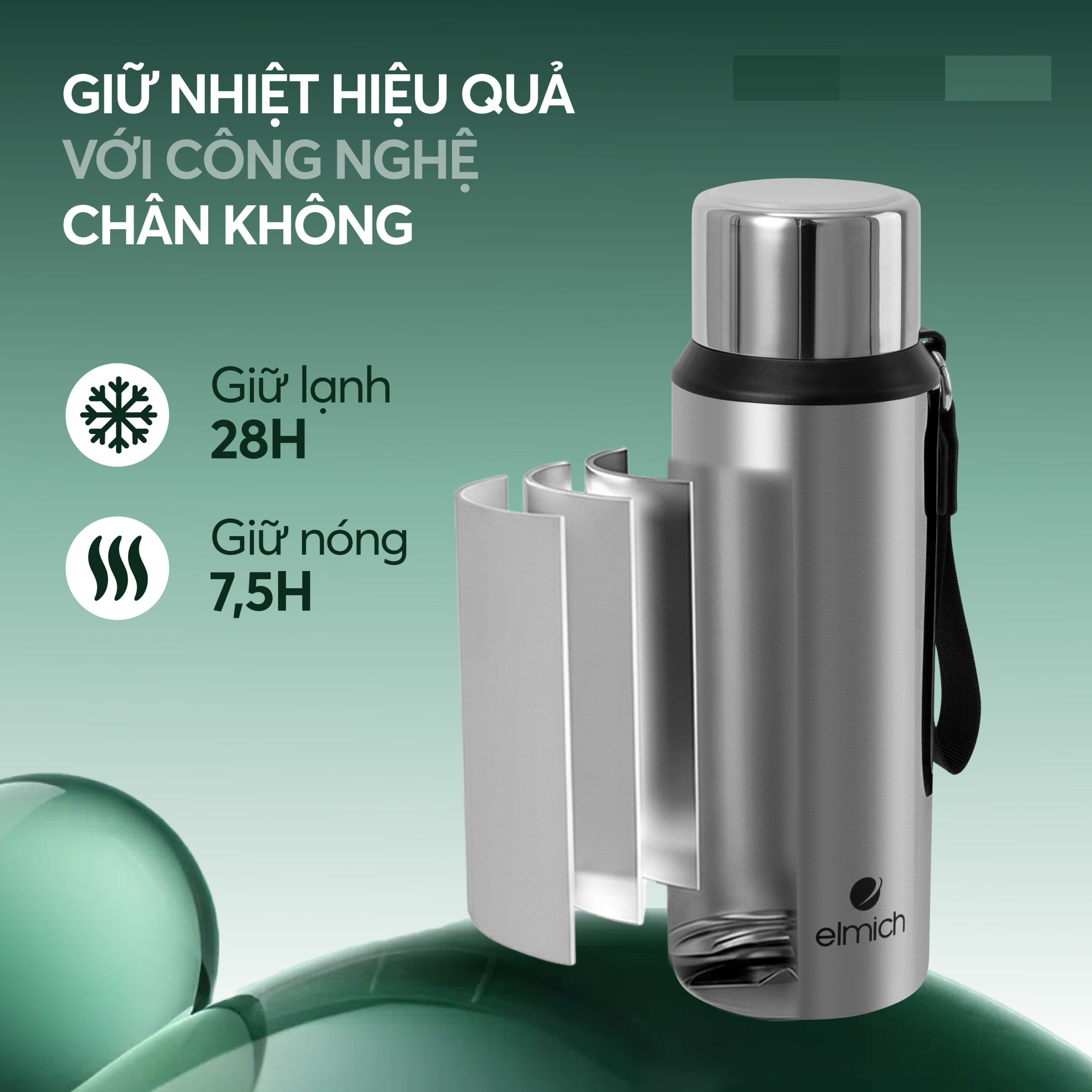 Công nghệ chân không giữ lạnh 28 giờ, giữ nóng 7,5 giờ.
