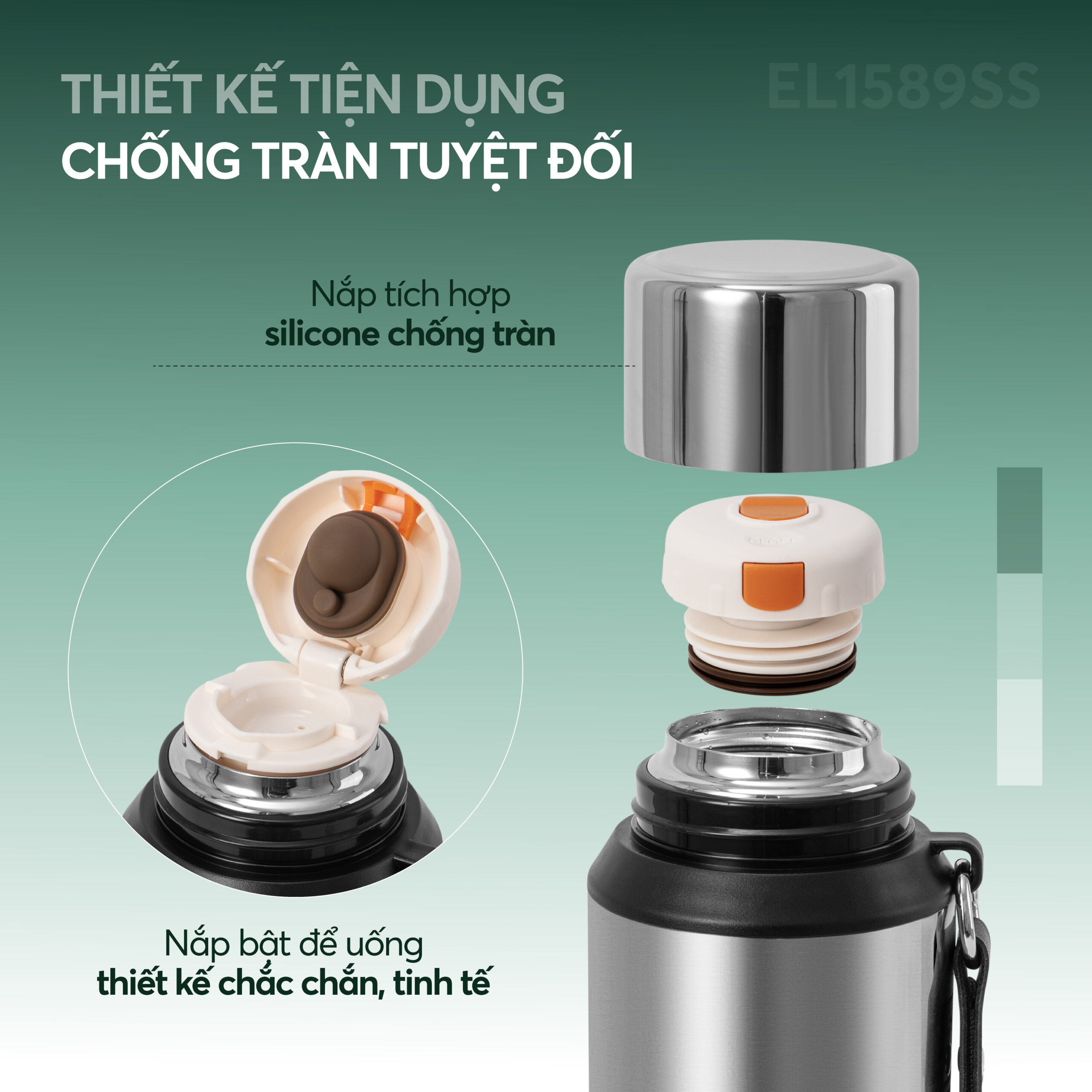 Nắp bật tích hợp silicone chống tràn, dễ dàng thao tác.