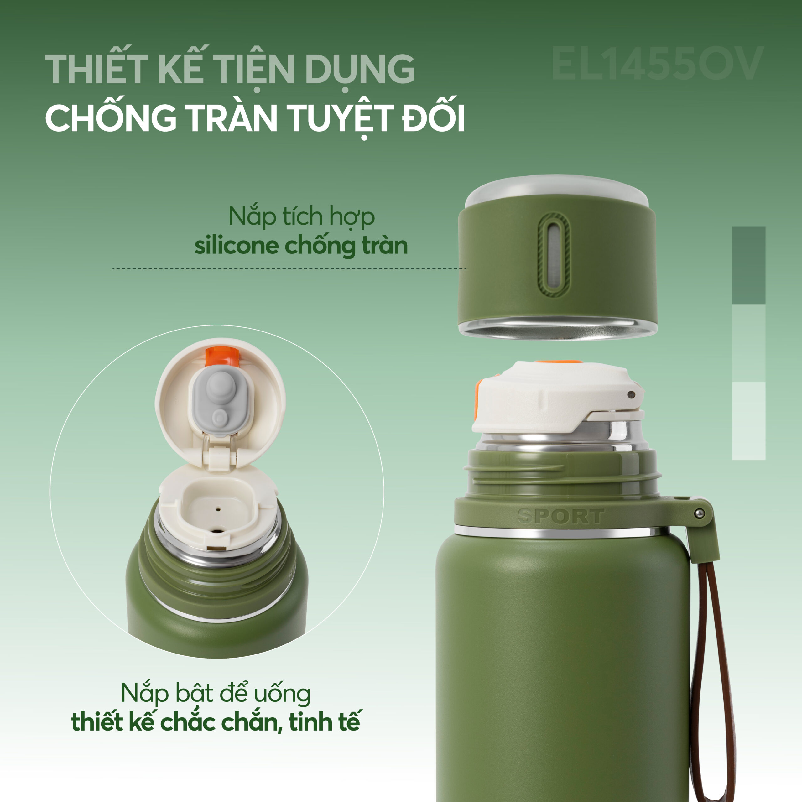 Nắp tích hợp silicon chống rò rỉ, giữ nhiệt hiệu quả.