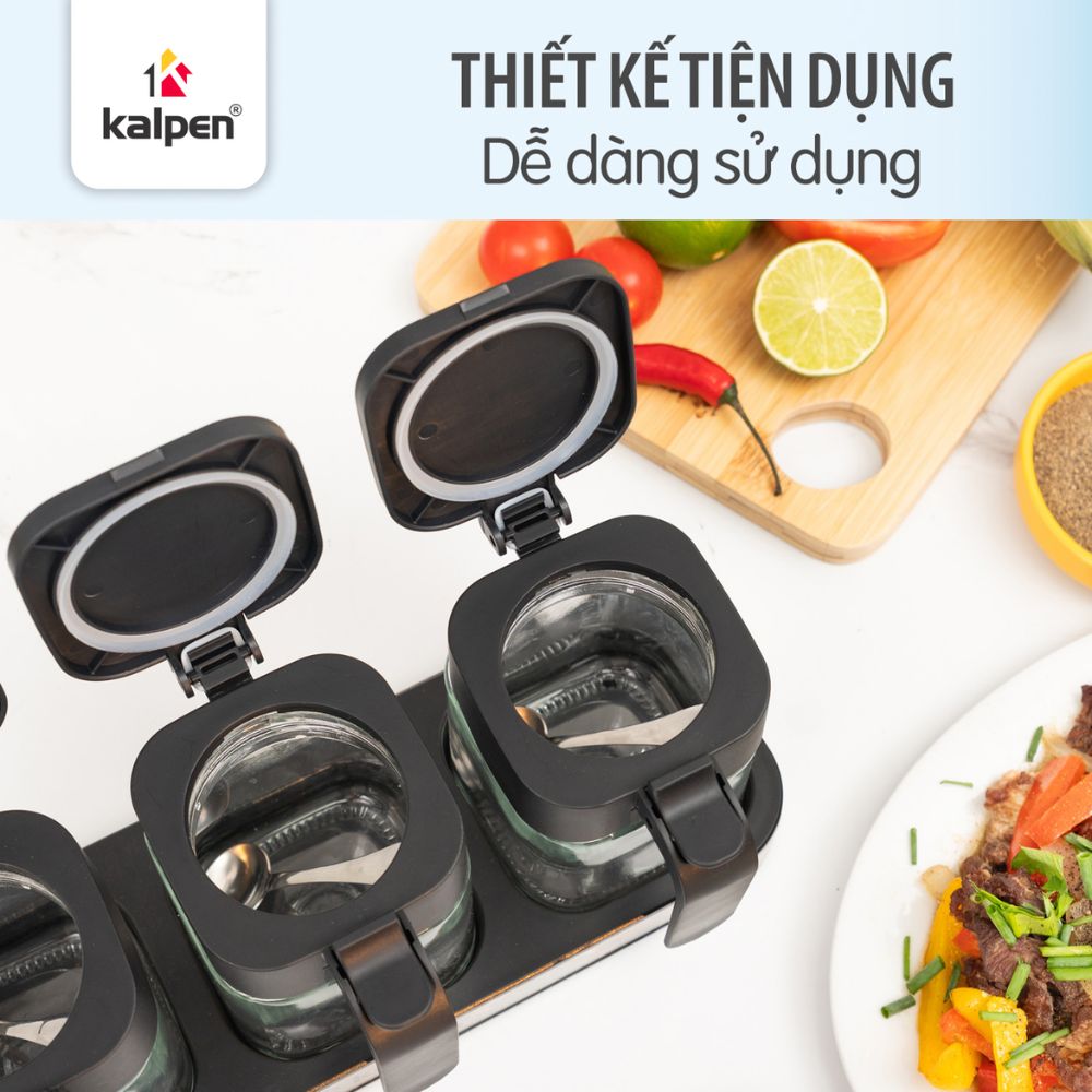 Bộ 3 hộp đựng gia vị thuỷ tinh Kalpen SB3 5 Thân trong suốt, quan sát lượng gia vị dễ dàng.