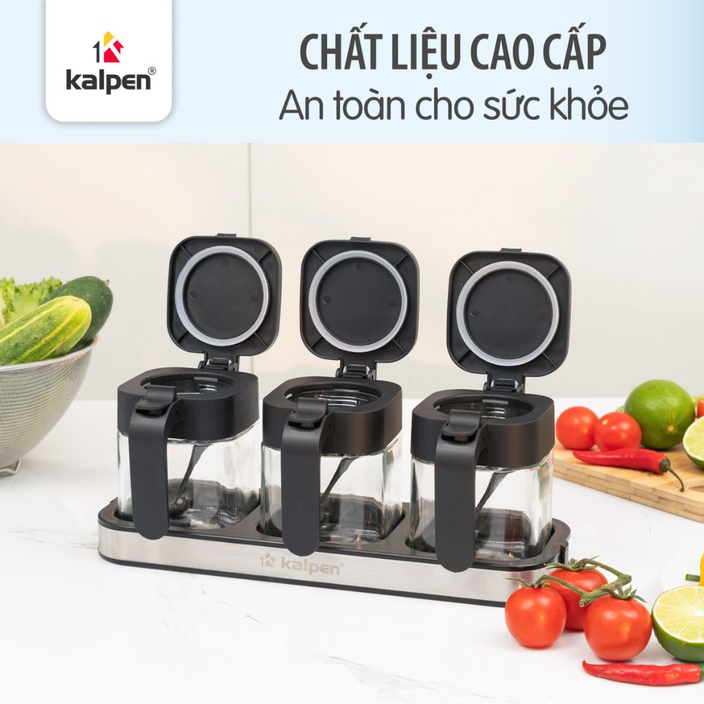Bộ 3 hộp đựng gia vị thuỷ tinh Kalpen SB3 1 Thủy tinh Borosilicate cao cấp, an toàn khi tiếp xúc thực phẩm.