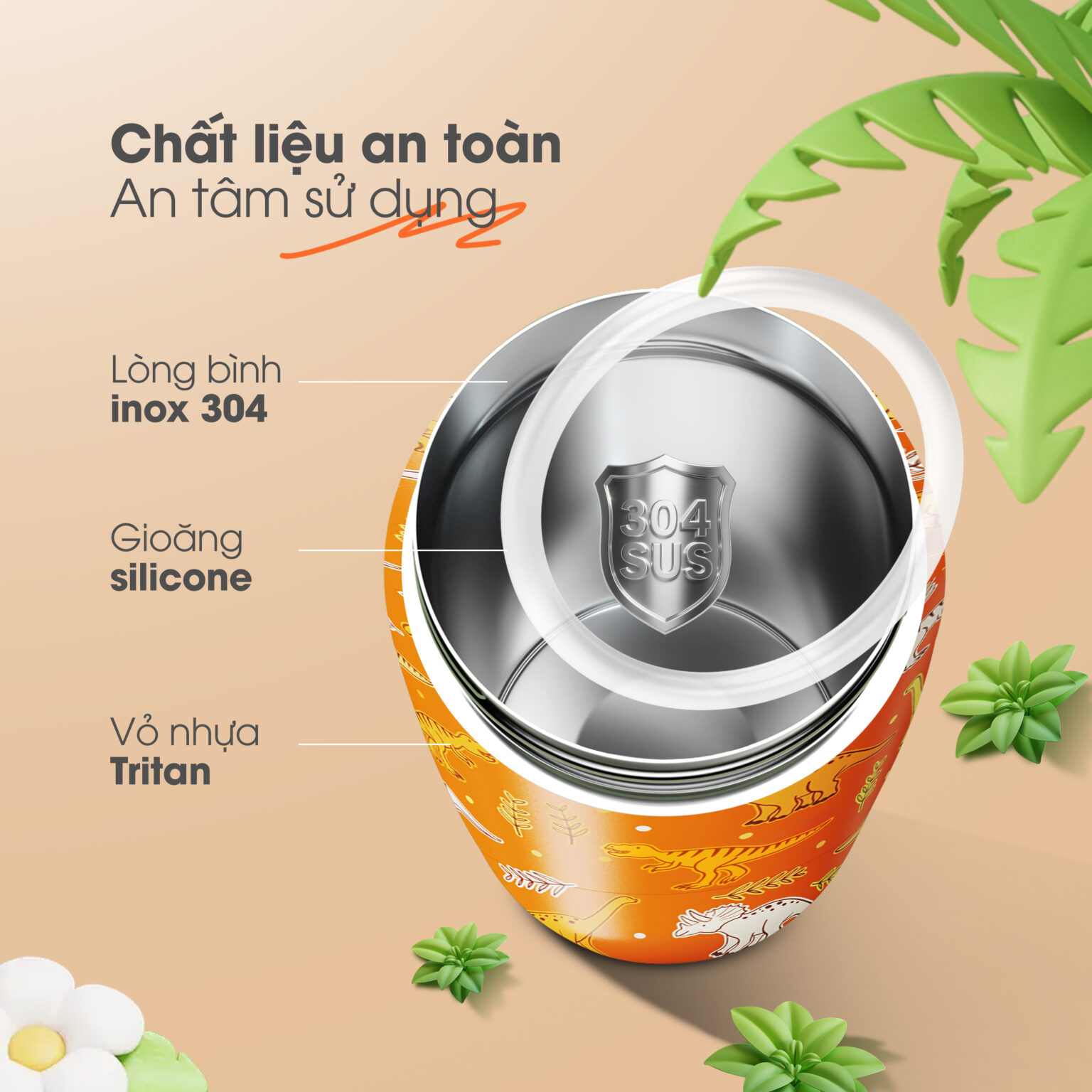Chất liệu an toàn cho trẻ – Inox 304, Tritan không BPA, gioăng silicone thực phẩm 