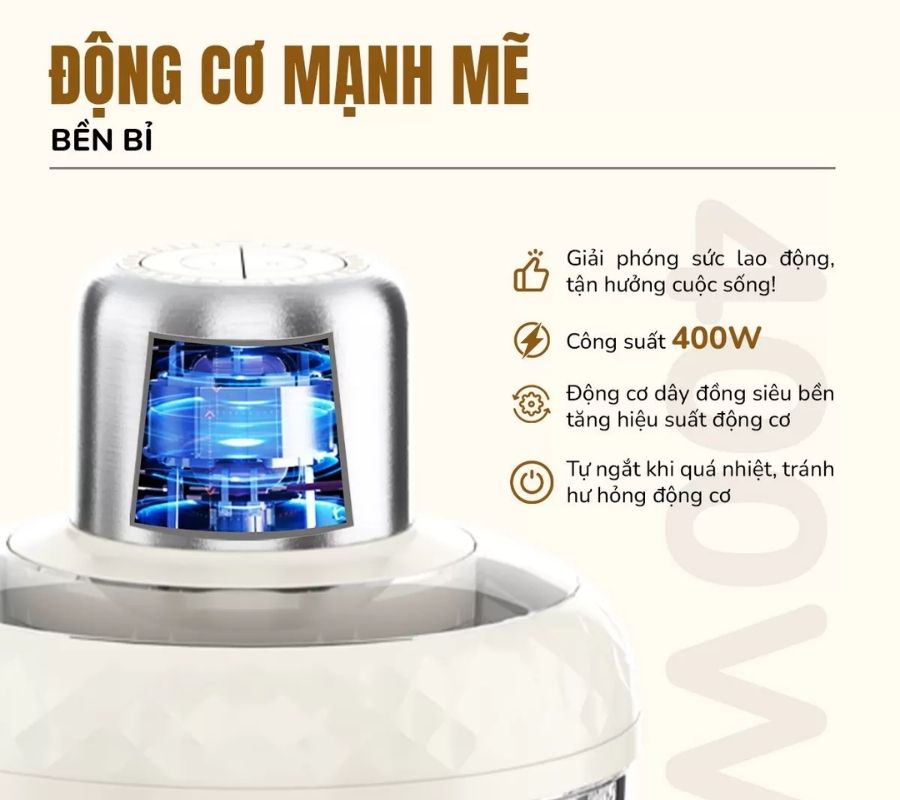 Công suất 400W và động cơ dây đồng – Xay mạnh mẽ, bền bỉ 