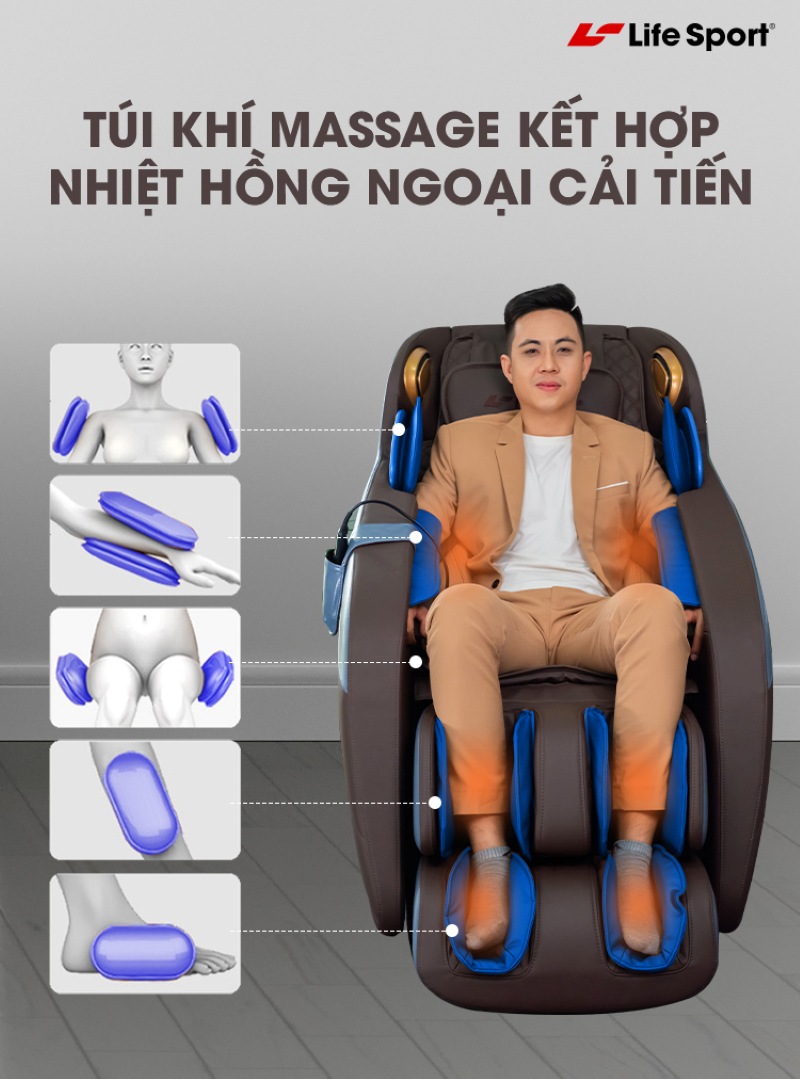 Hệ thống nhiệt hồng ngoại và túi khí được tích hợp trên ghế masage Lifesport