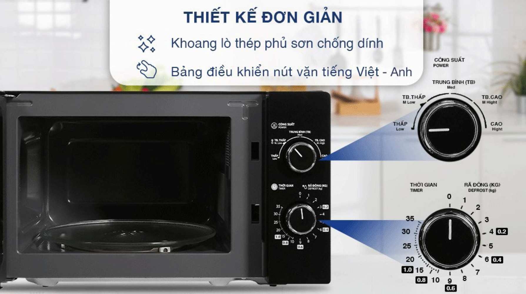 Bảng điều khiển nút vặn, hiển thị tiếng Việt – Anh