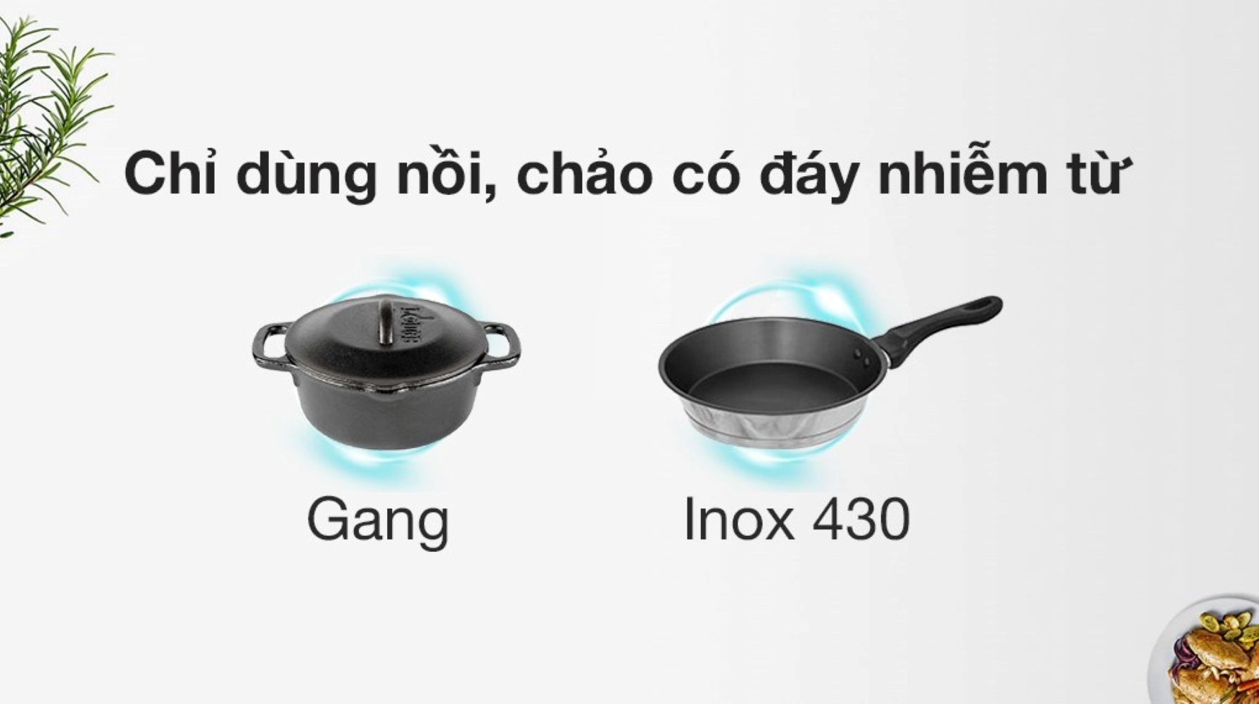 Bếp chỉ tương thích với các loại nồi, chảo có đáy nhiễm từ