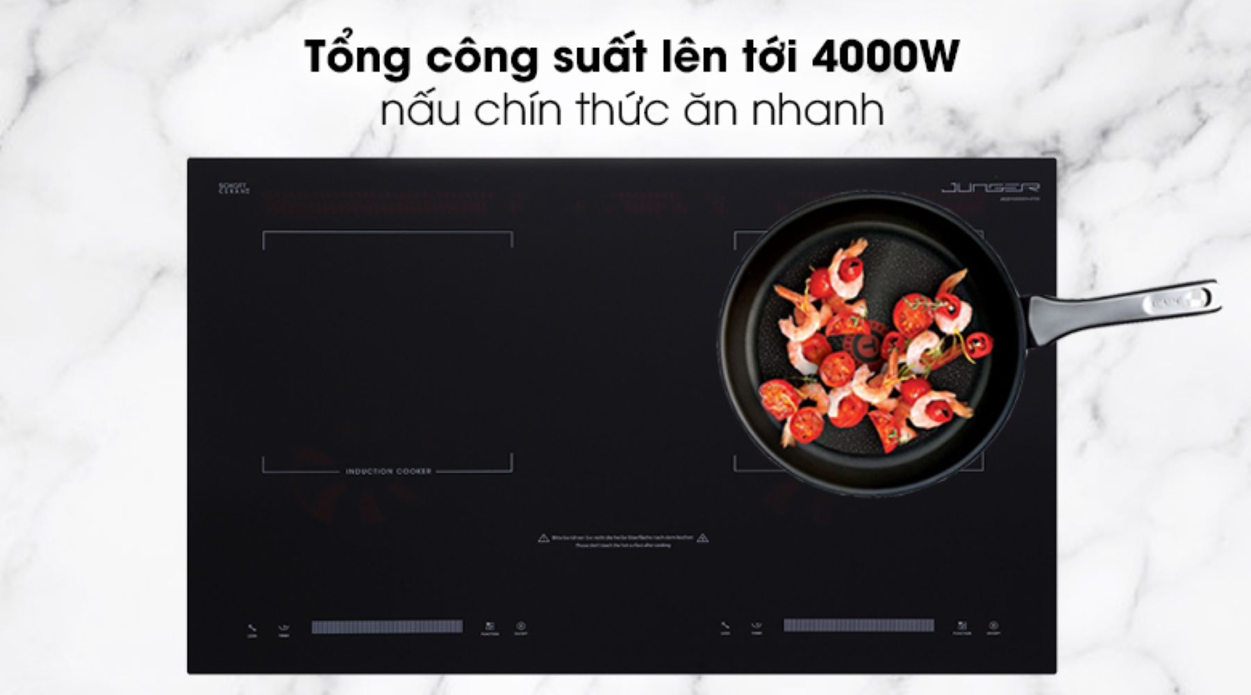 Bếp có tổng công suất 4000W, với mỗi vùng nấu đạt công suất 2000W