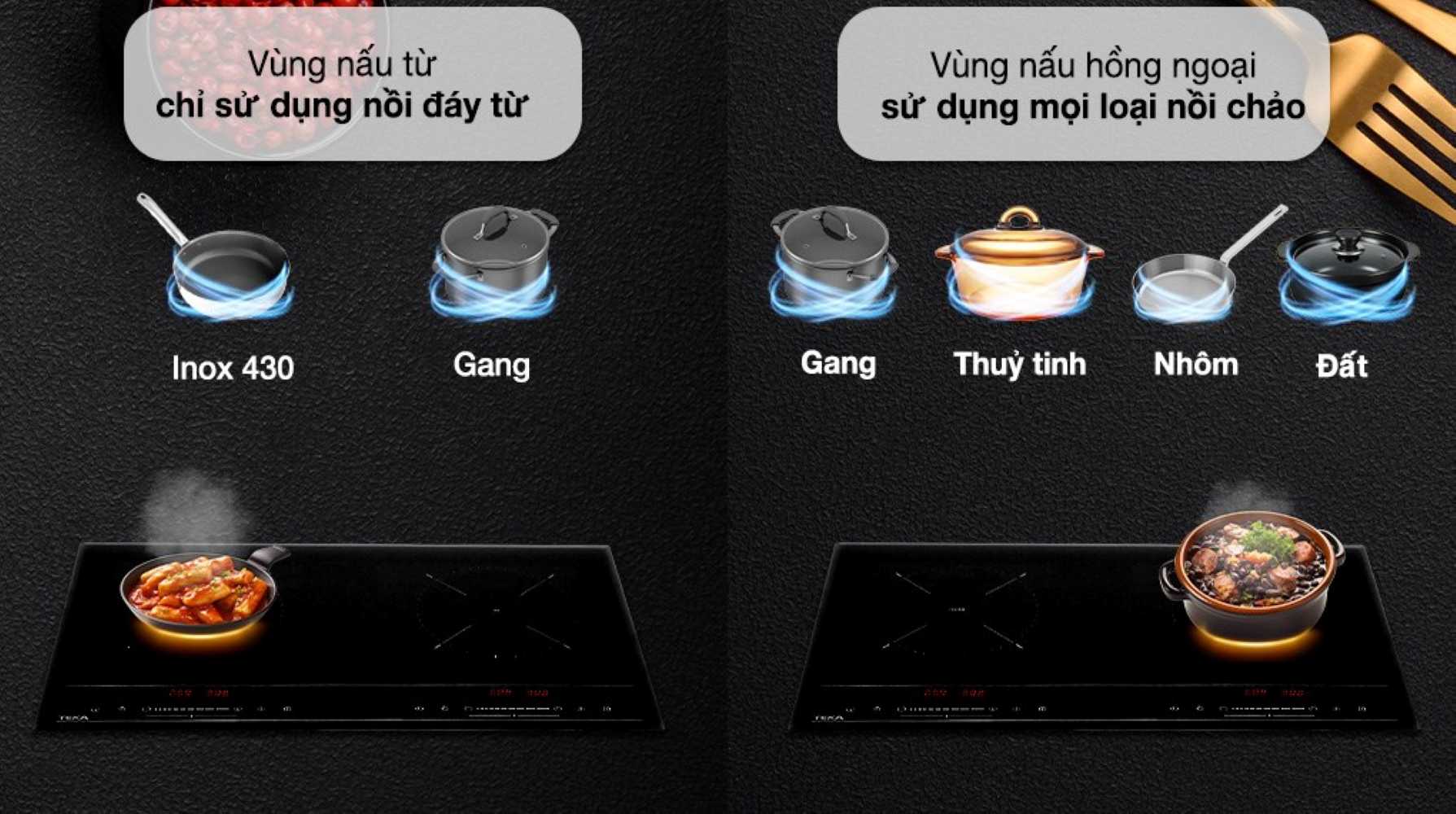 Bếp được bố trí 2 vùng nấu đáp ứng nhiều nhu cầu chế biến