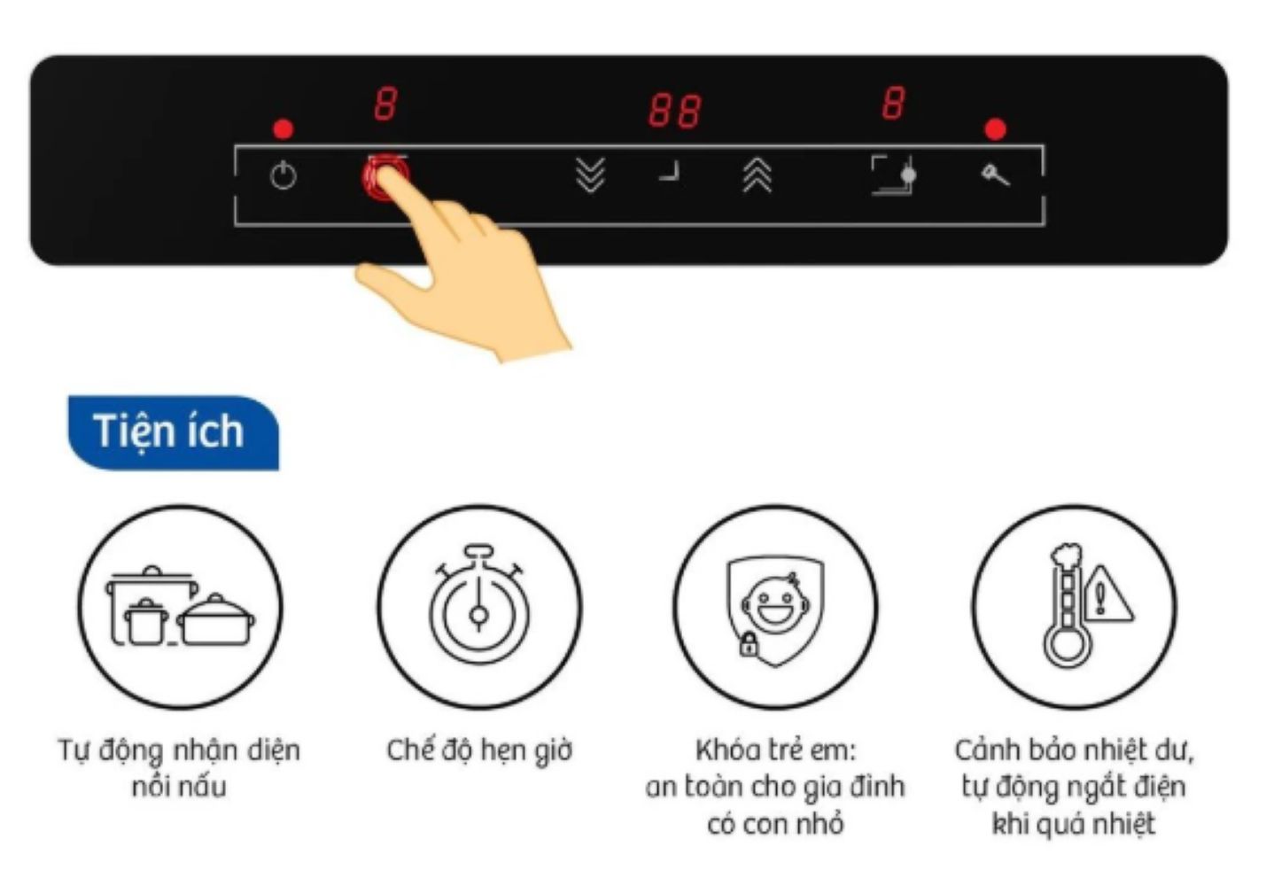 Bếp được trang bị tính năng khóa trẻ em, cảnh báo nhiệt và tự động ngắt điện