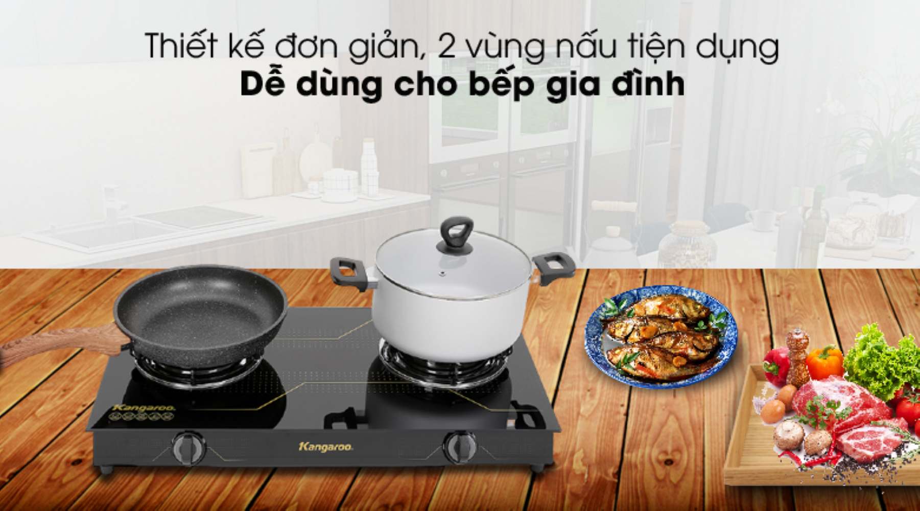 Bếp ga đôi Kangaroo KG516M kiểu dáng đơn giản với 2 vùng nấu