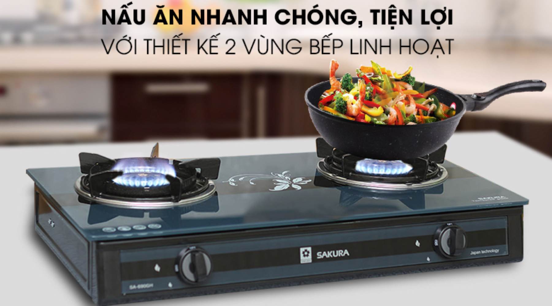 Bếp ga đôi Sakura SA-690GH có thiết kế 2 vùng nấu