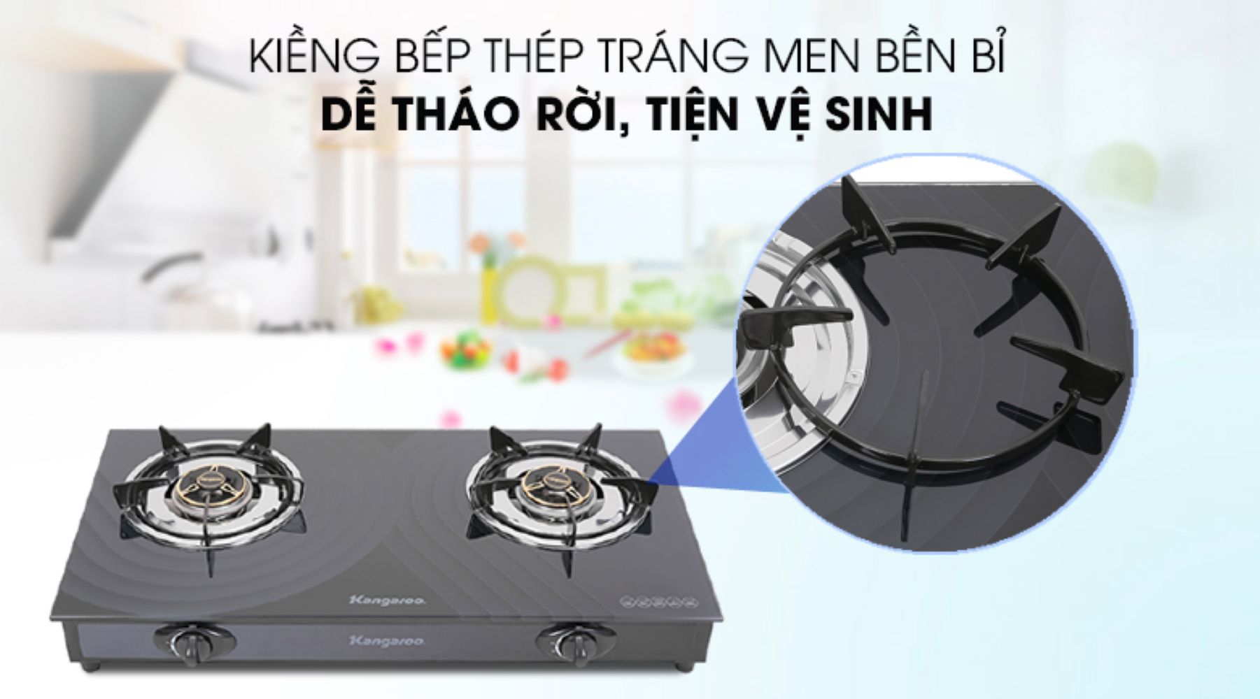 Bếp ga đôi Kangaroo KG519M mặt kính chịu nhiệt 3 Bếp sử dụng kiềng thép tráng men 5 chân với độ cứng cao