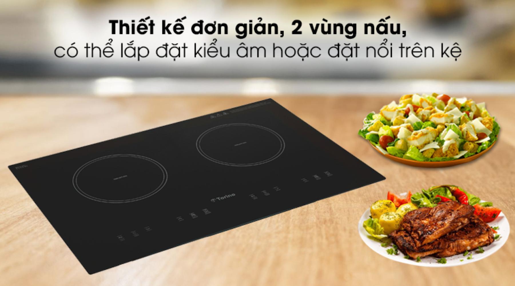Bếp từ đôi âm Torino TI0602C 3500W thiết kế đơn giản, màu đen với các chi tiết màu trắng