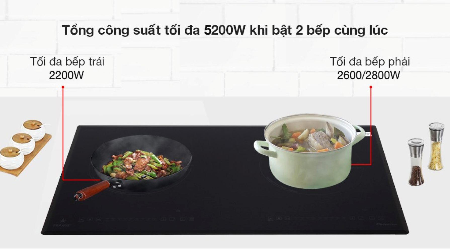 Bếp vận hành với tổng công suất 5200W kết hợp 2 vùng nấu