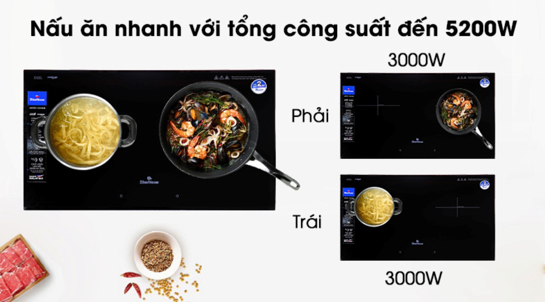 Công suất mạnh mẽ 5200W cho hai vùng nấu