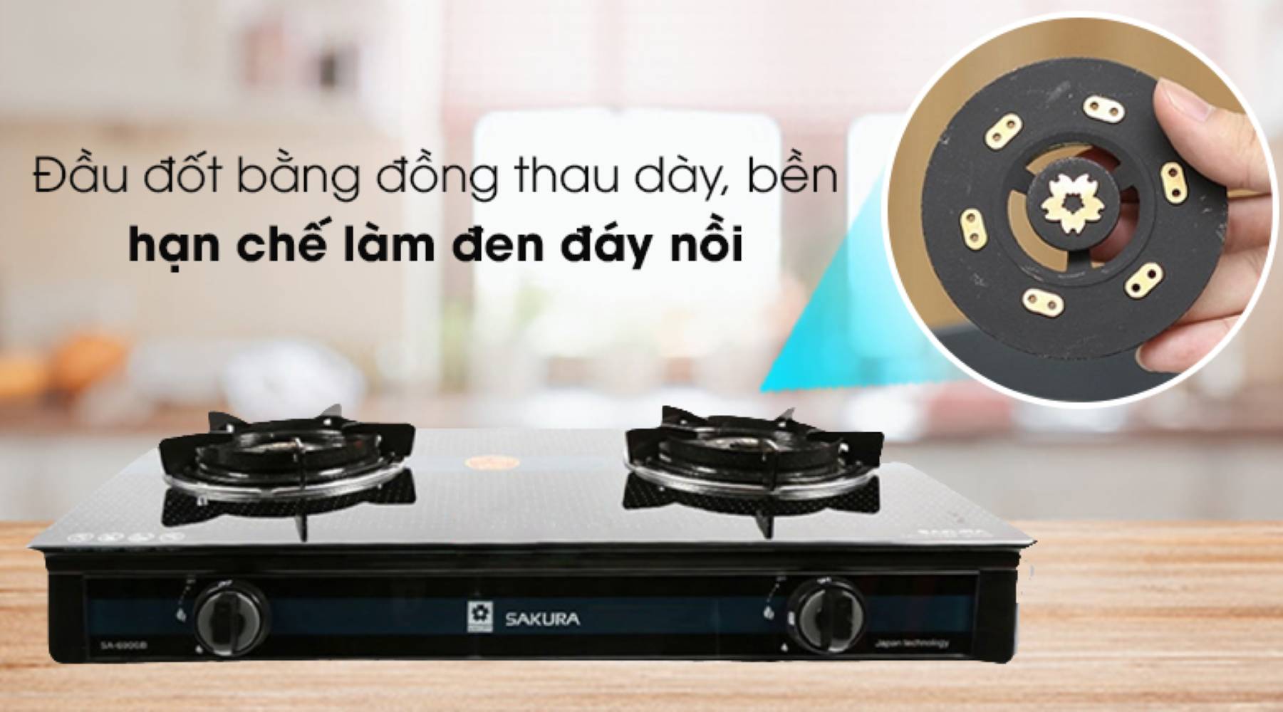 Đầu đốt bằng đồng thau, cho lửa xanh không đen đáy nồi