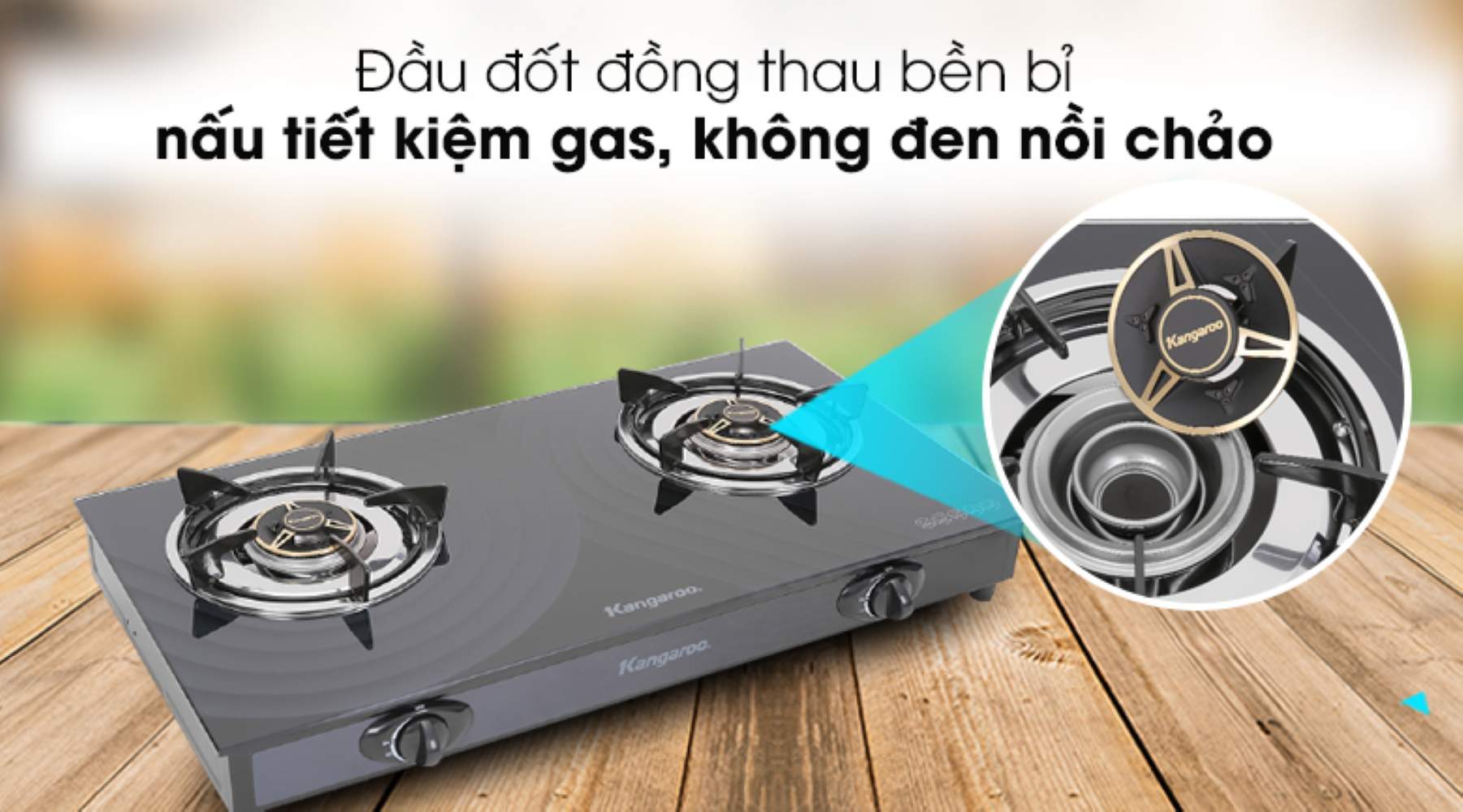 Bếp ga đôi Kangaroo KG519M mặt kính chịu nhiệt 4 Đầu đốt được chế tạo từ đồng thau có khả năng chịu nhiệt cao, ít bị ăn mòn
