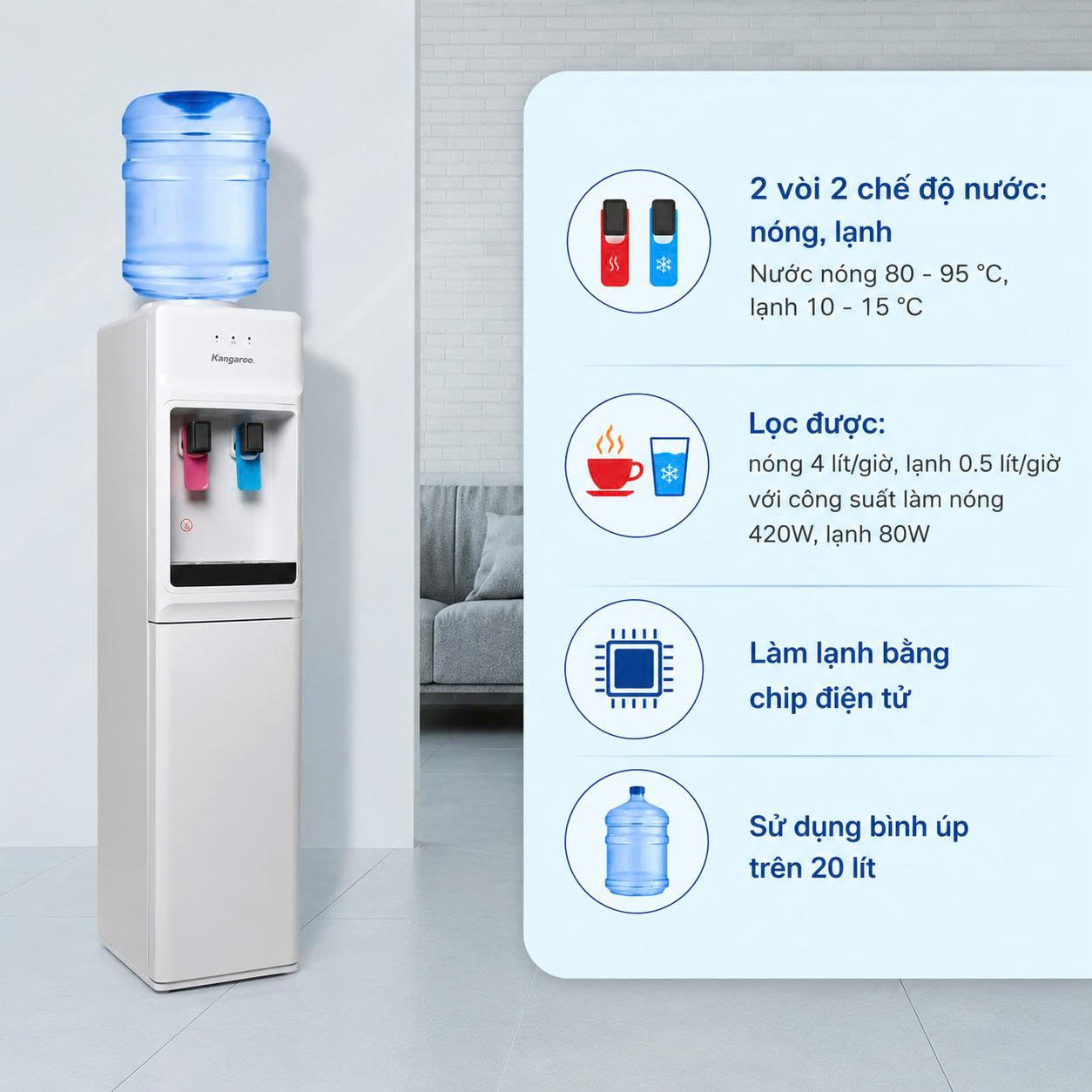 Hai vòi nóng - lạnh riêng biệt, lấy nước nhanh chỉ với một nút nhấn