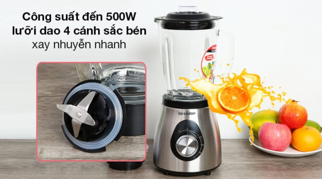 Máy xay sinh tố đa năng Sharp EM-S155GV-ST 4 Hoat dong hieu qua voi cong suat 500W ket hop luoi dao 4 canh thep khong gi