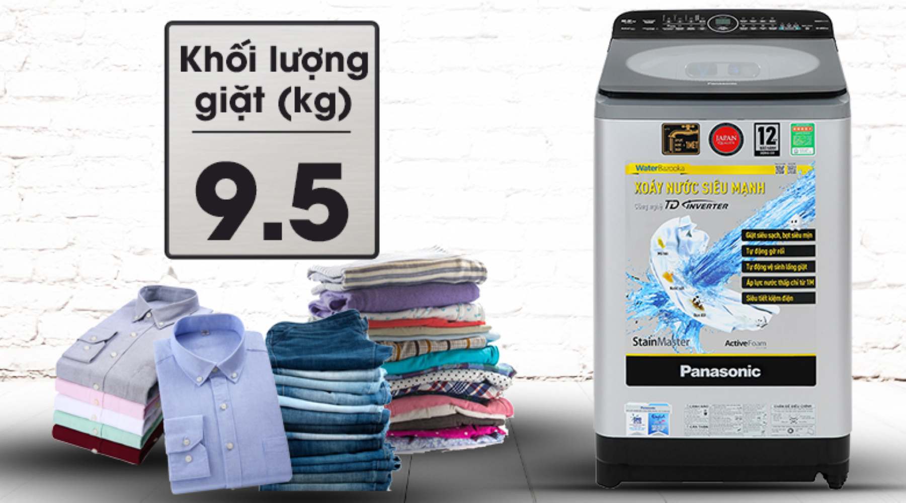 Khối lượng giặt 9.5 kg dành cho các gia đình có từ 5 - 7 thành viên 