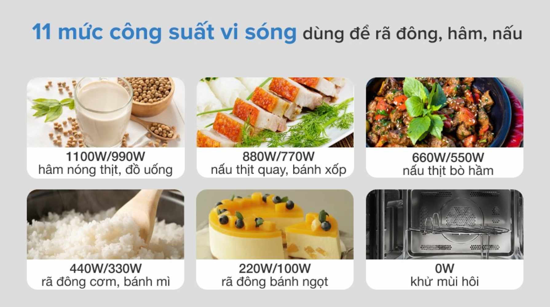 Lò vi sóng có nướng Sharp R-C932XVN-BST 32 lít 4 Lò cung cấp 11 mức công suất vi sóng có thể lựa chọn, trải dài từ 0W đến 1100W