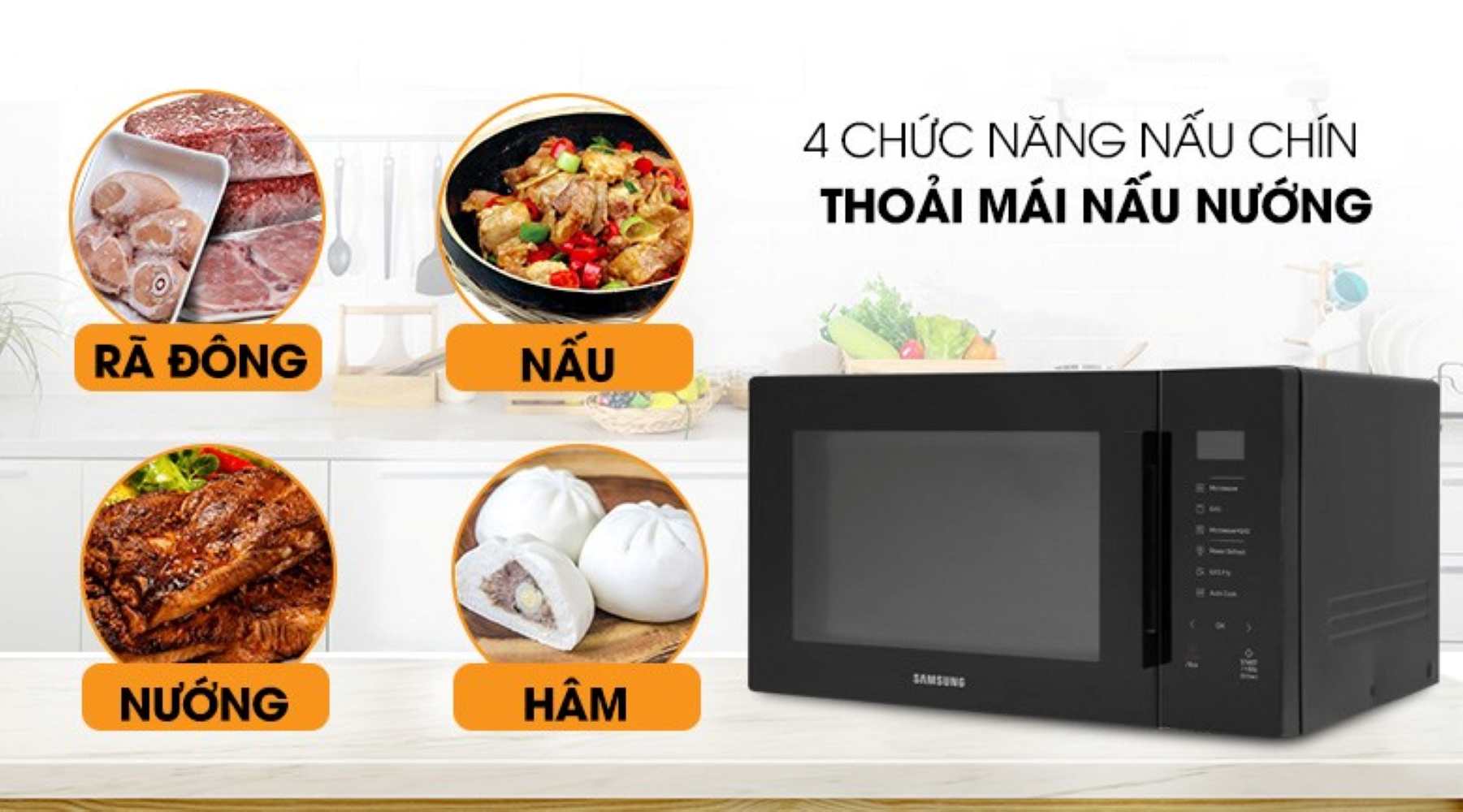 Lò hỗ trợ nhiều chức năng tiện dụng: rã đông, nấu, nướng, hâm
