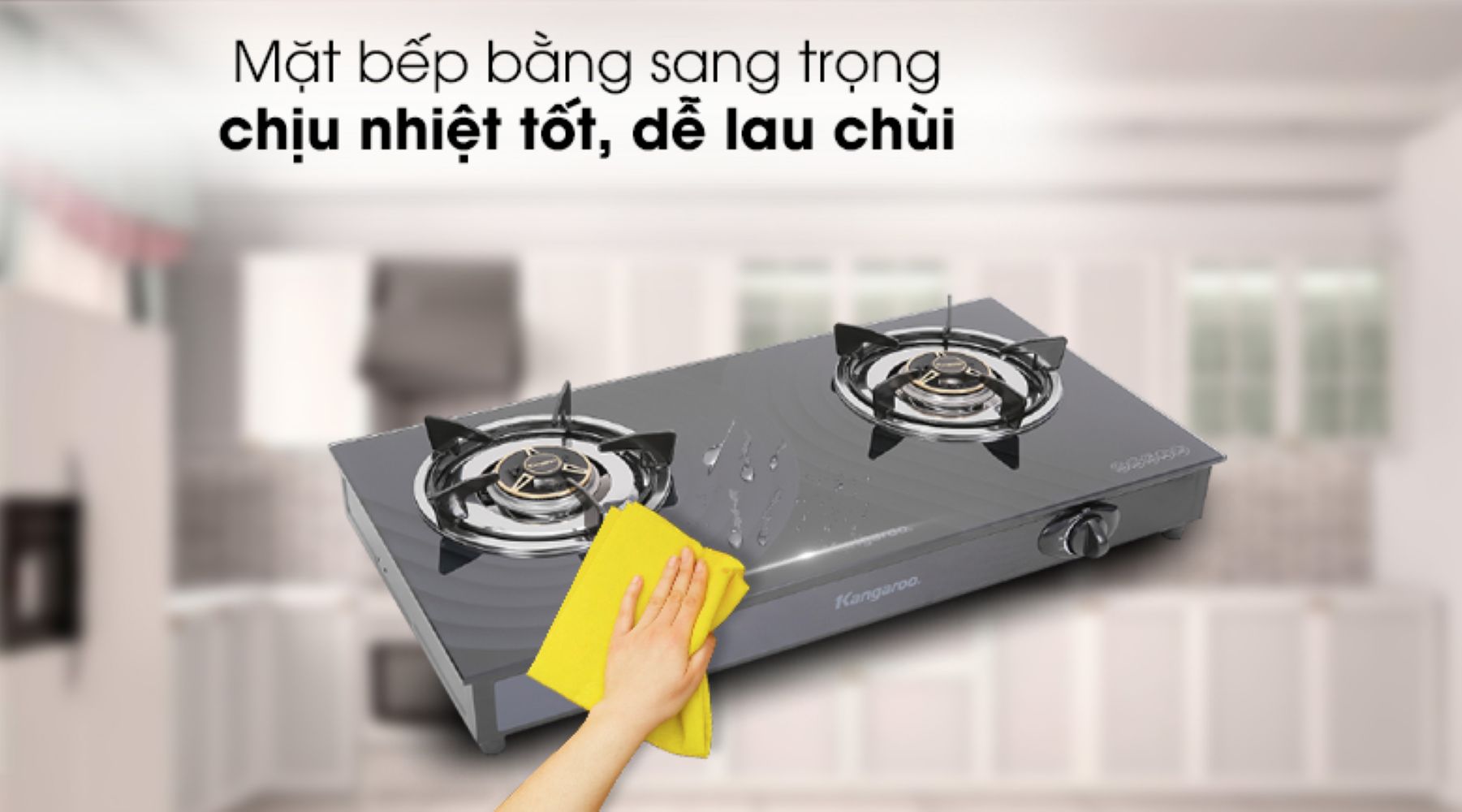Bếp ga đôi Kangaroo KG519M mặt kính chịu nhiệt 2 Mặt bếp gas bằng kính màu đen sang trọng với họa tiết ấn tượng