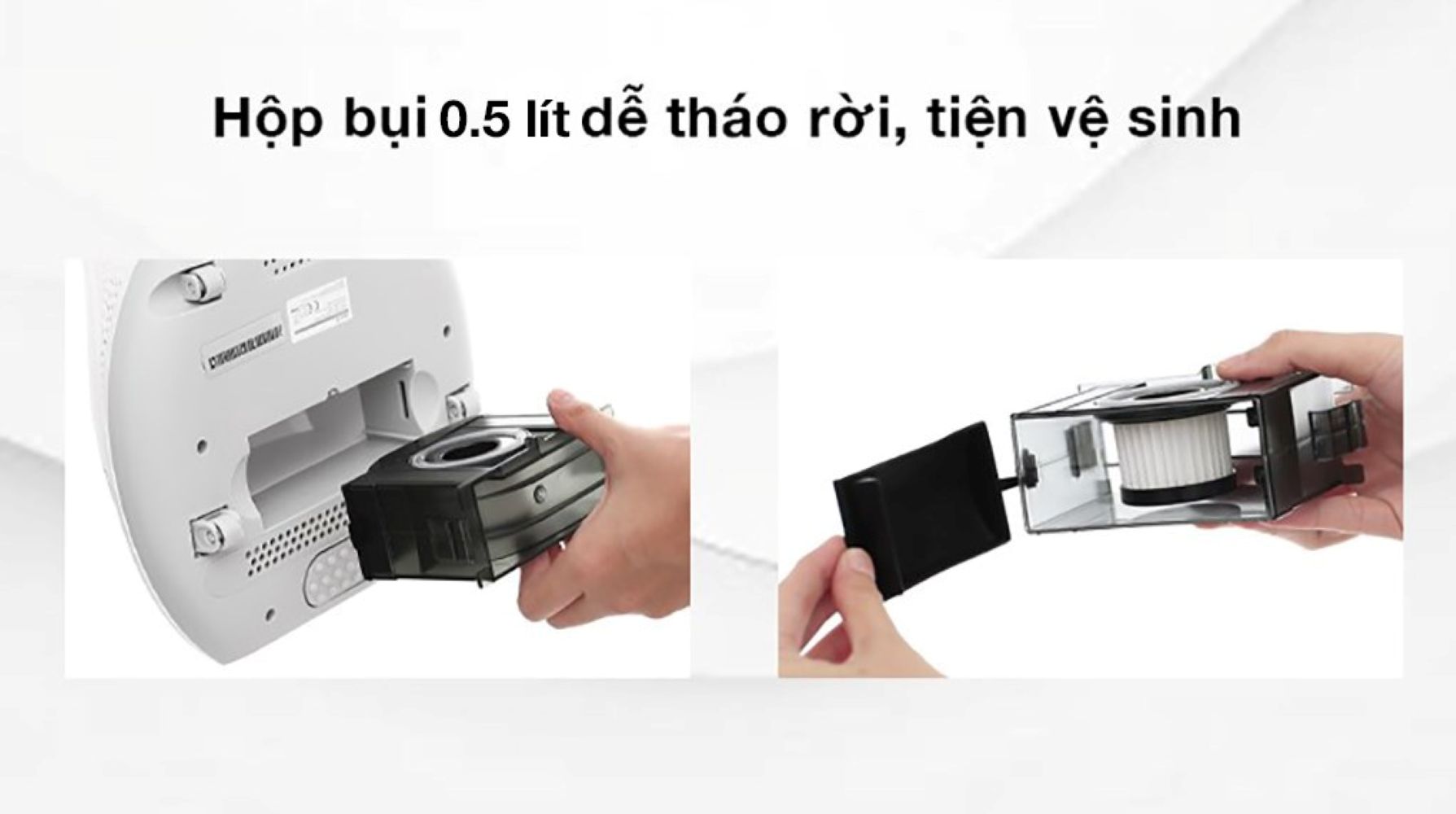 Máy được trang bị hộp chứa bụi với dung tích 0.5L, có thể dễ dàng tháo rời để vệ sinh