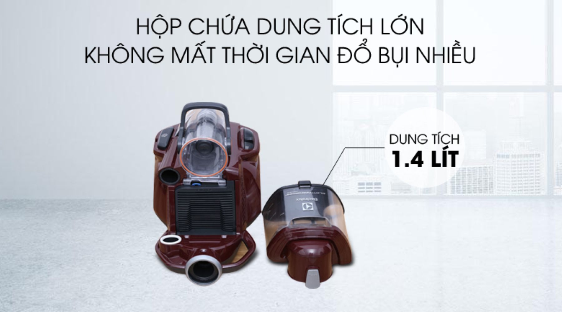 Máy sử dụng khoang chứa dạng hộp với dung tích 1.4 lít