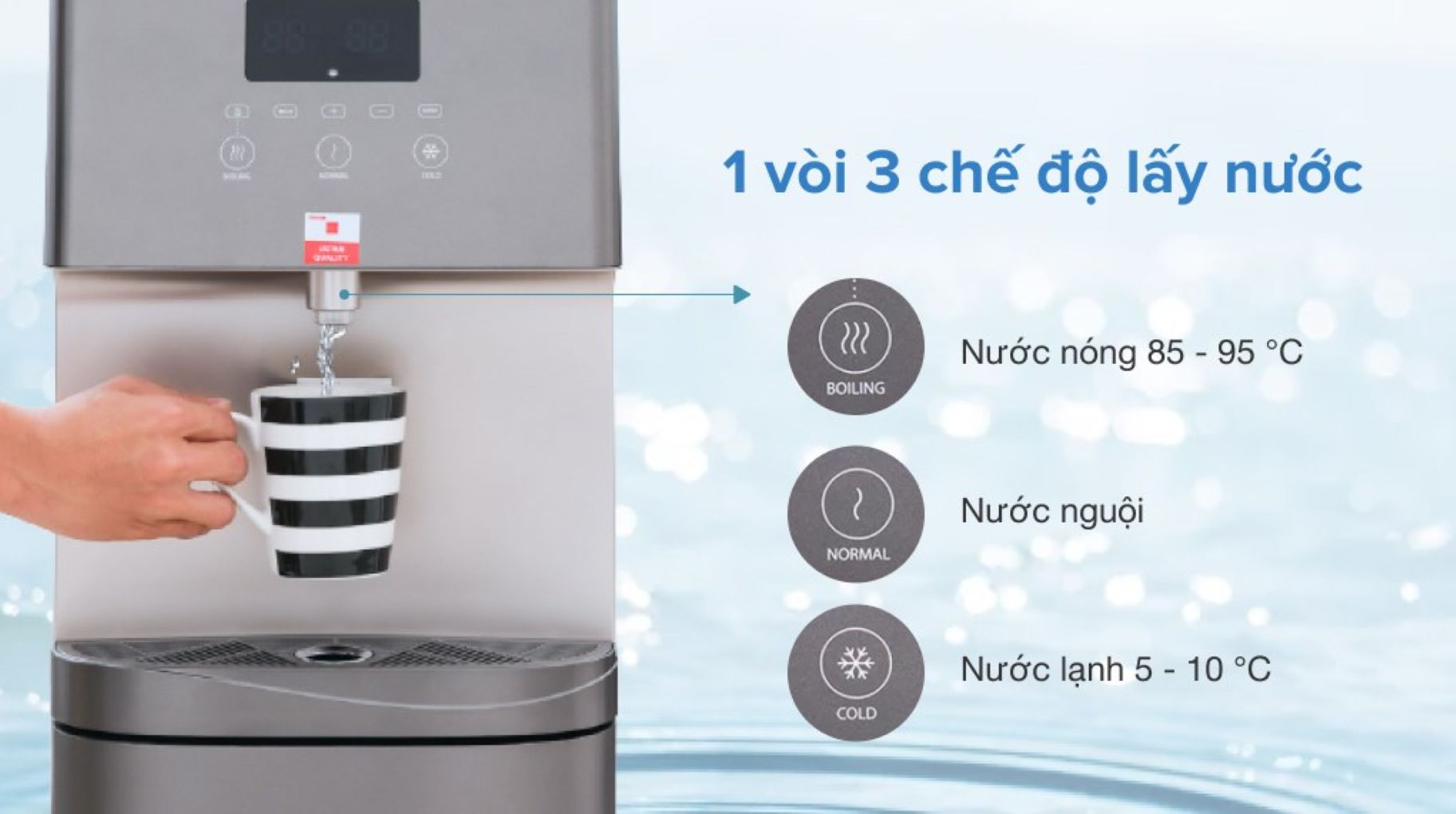 Một vòi lấy nước nóng, lạnh và thường, sử dụng thuận tiện