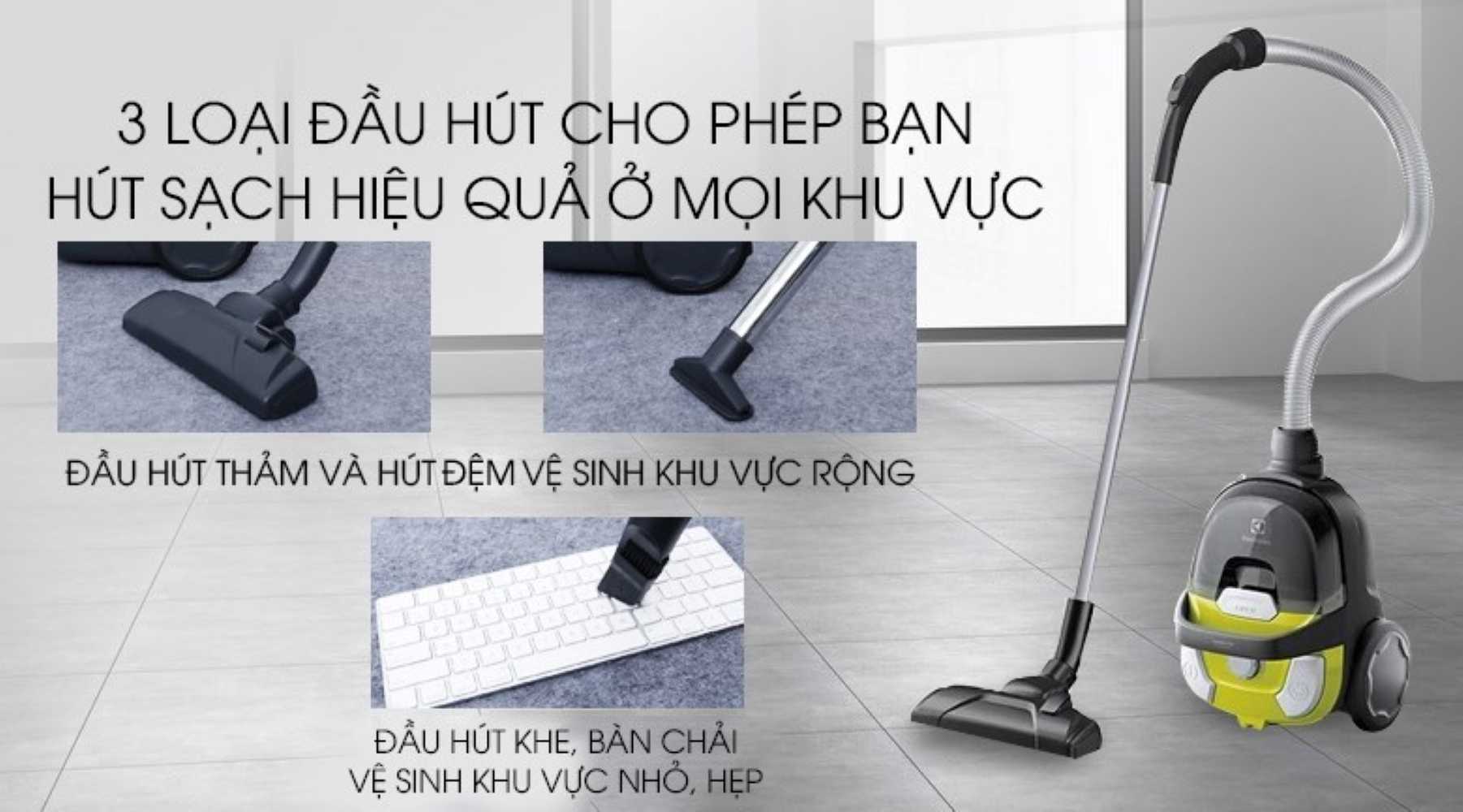 Sản phẩm đi kèm ba loại đầu hút: đầu hút bàn chải, đầu hút đệm và đầu hút sàn