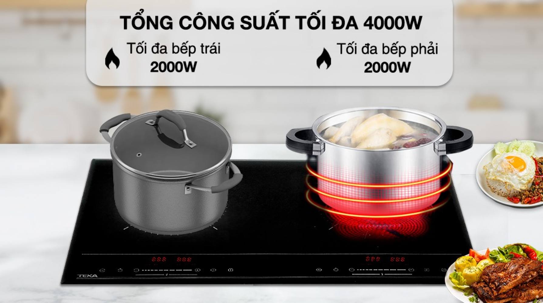 Sản phẩm được trang bị 2 vùng nấu, mỗi vùng hoạt động ở công suất 2000W