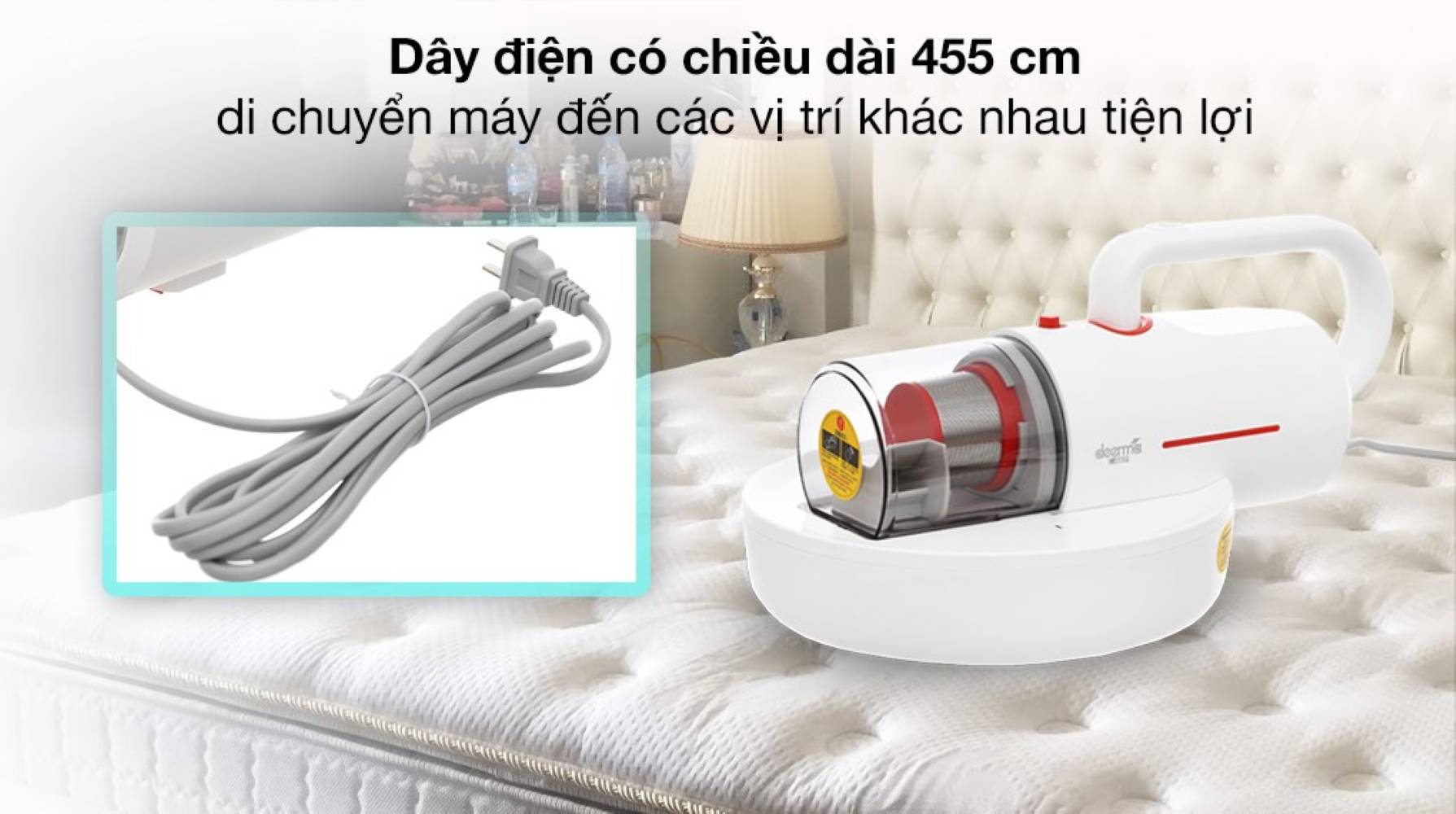 Sản phẩm không sử dụng pin mà vận hành trực tiếp qua dây nguồn điện dài 455 cm