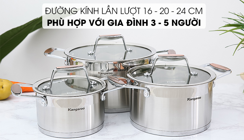 Bộ 3 nồi inox 5 đáy nắp kính Kangaroo KG3CS2 nồi 16-20-24cm 1 Bộ 3 kích cỡ tiện dụng cho mọi bữa ăn gia đình