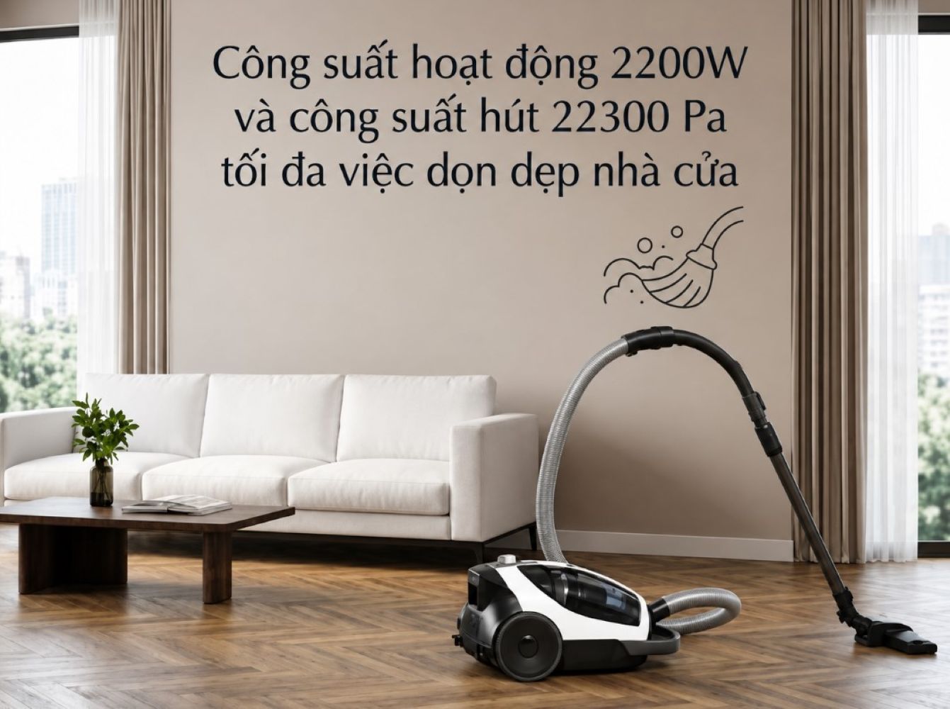 Công suất hoạt động 2200W cùng lực hút 22300 Pa
