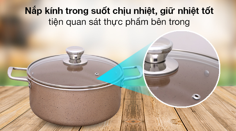 Nắp kính chịu nhiệt, có lỗ thoát khí chống trào 