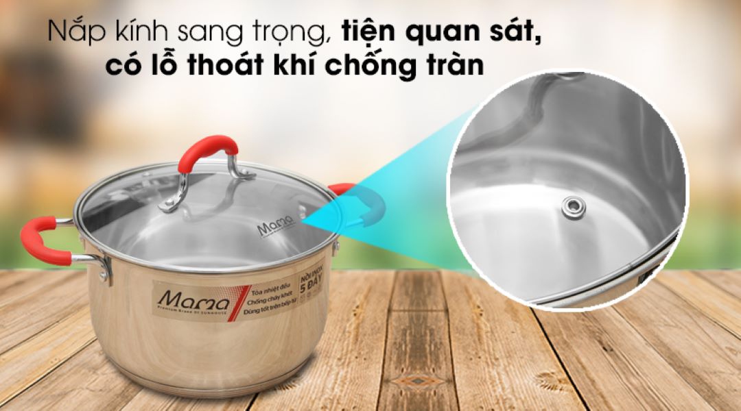Nắp kính cường lực, có lỗ thoát khí chống trào 