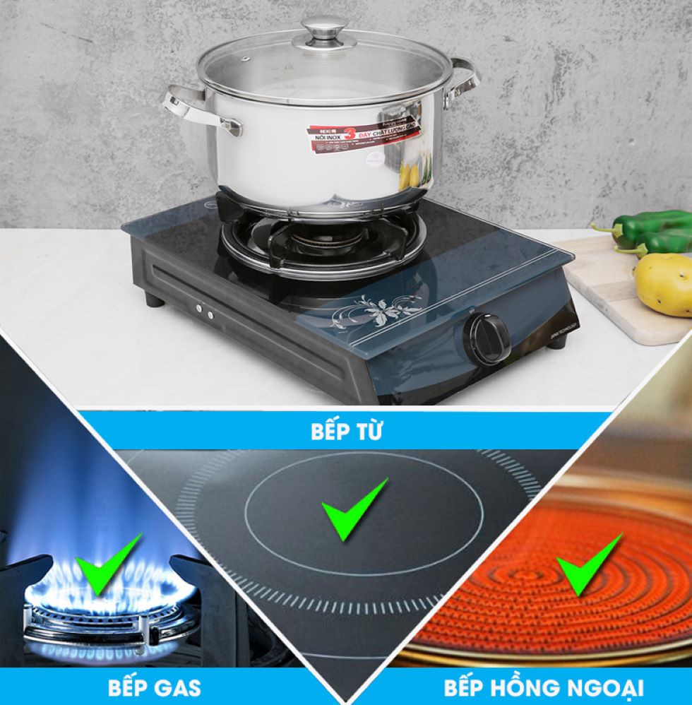 Tương thích đa dạng loại bếp: từ, gas, hồng ngoại
