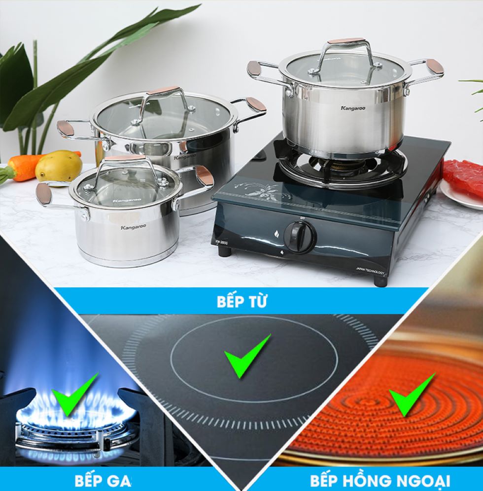 Bộ 3 nồi inox 5 đáy nắp kính Kangaroo KG3CS2 nồi 16-20-24cm 5 Tương thích mọi loại bếp